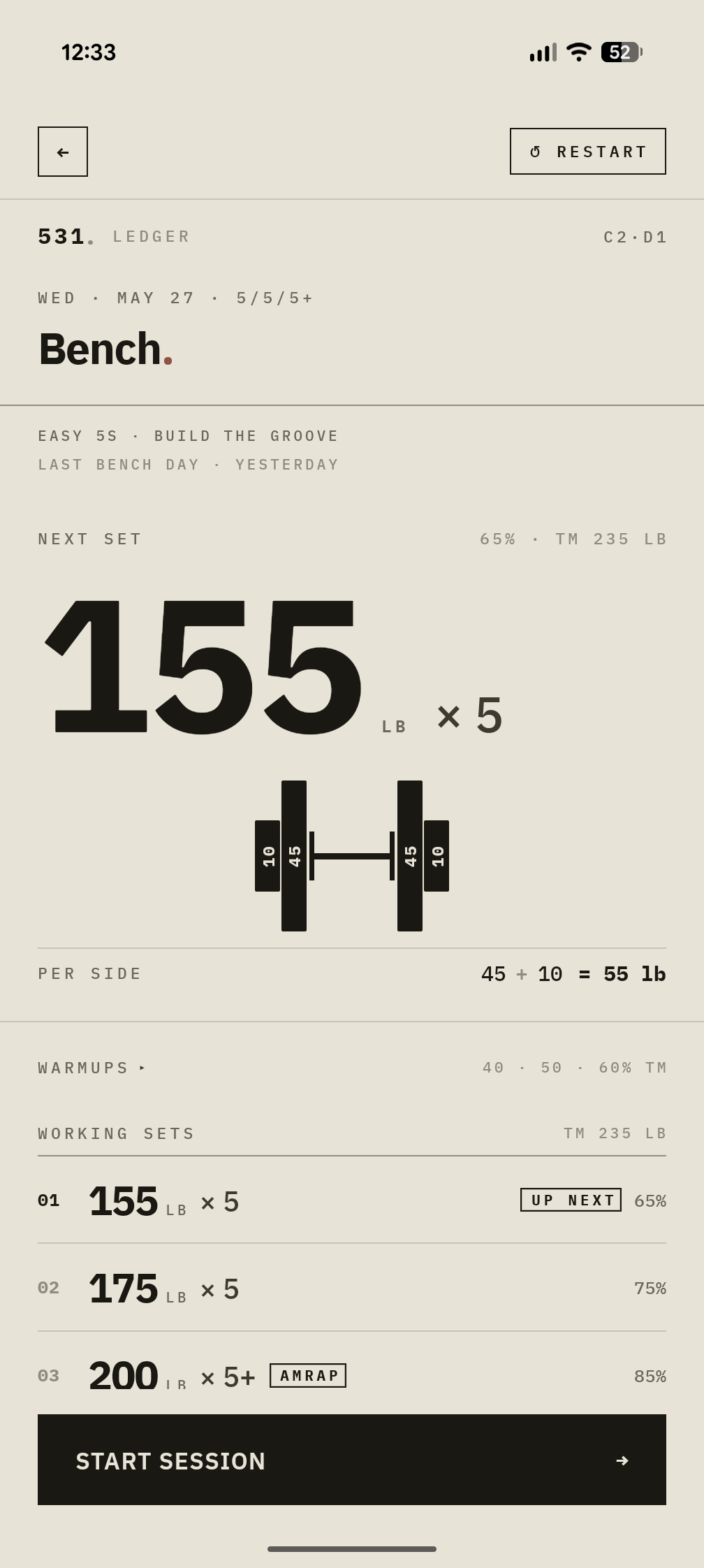 531 Strength today screen: Bench, Cycle 2 Day 1, plate diagram 45+10 per side, working sets 155 / 175 / 200 LB, START SESSION
