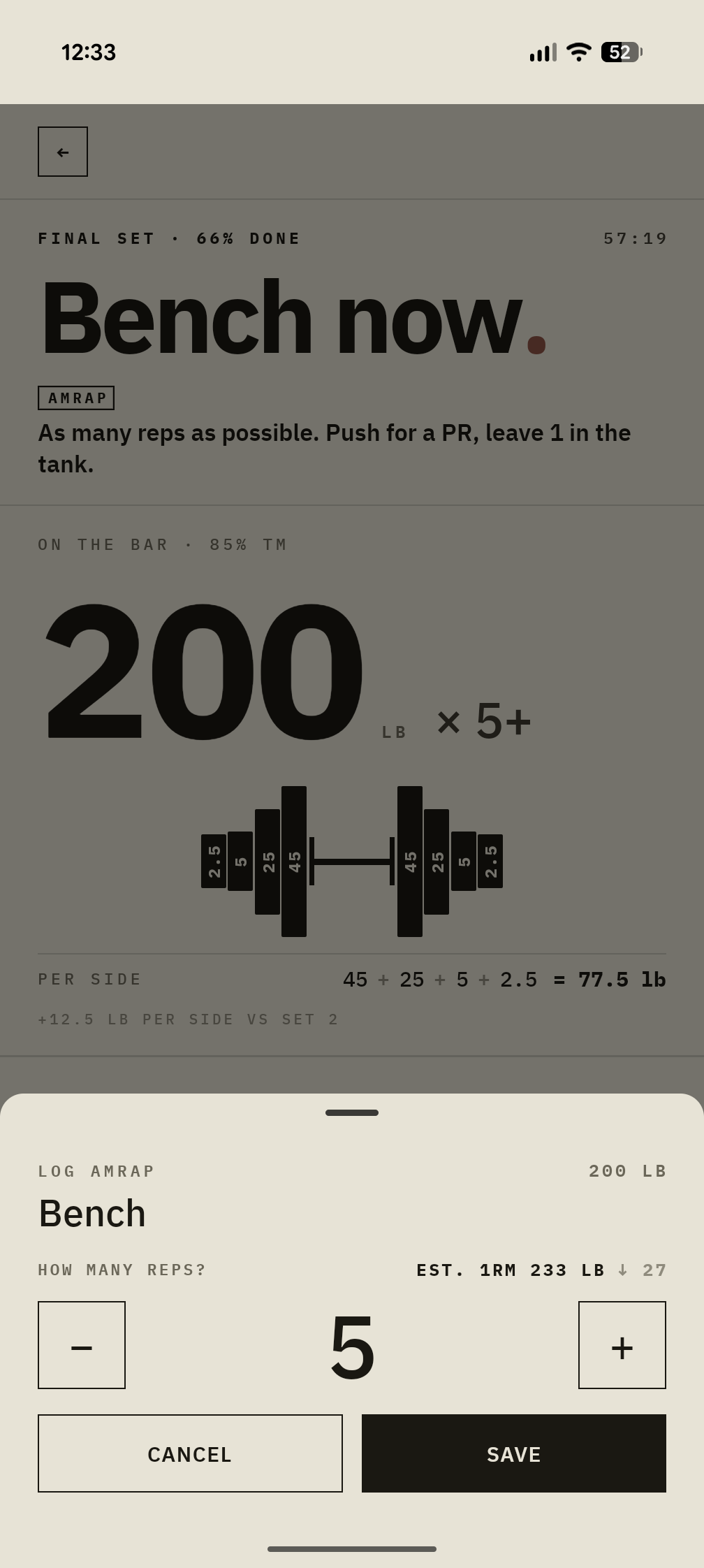 531 Strength live session: Bench now., AMRAP set 200 LB × 5+, LOG AMRAP sheet with e1RM 233 LB