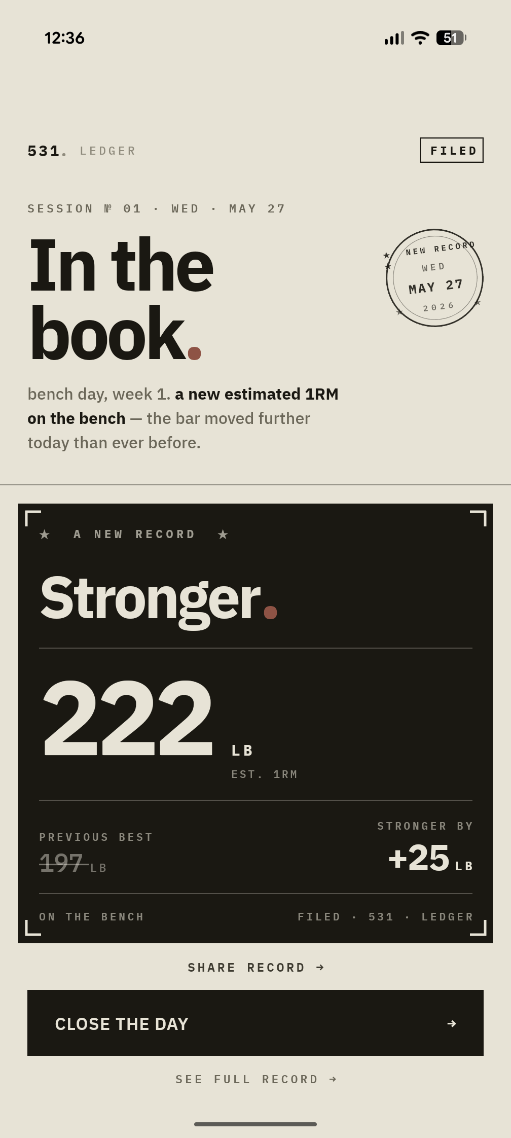 531 Strength session receipt: In the book., new record stamp, PR certificate 222 LB e1RM +25 LB, CLOSE THE DAY